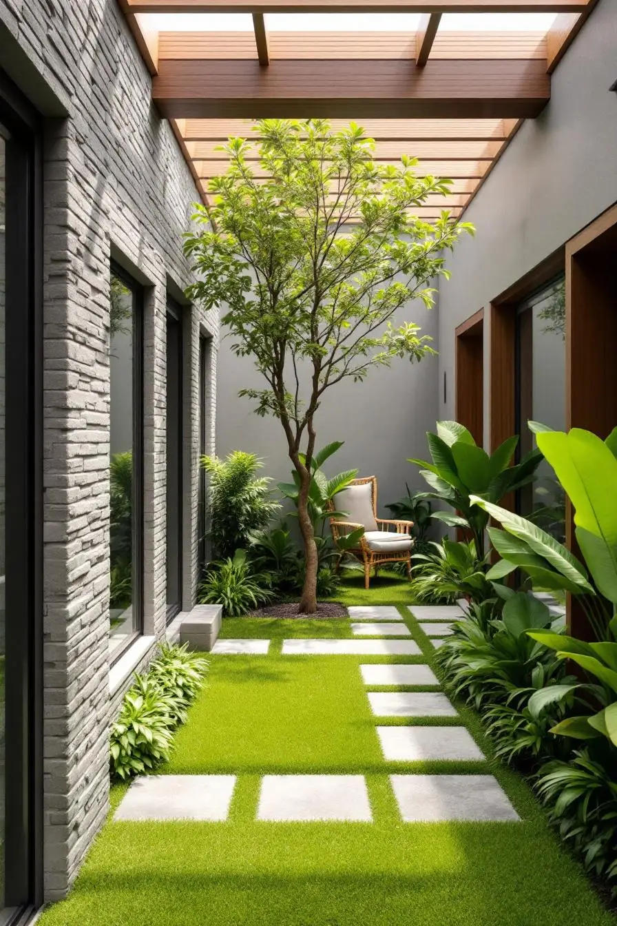 28 contemporary open courtyard design with a fresh and natural aesthetic. the color theme harmonizes muted greys with vibrant greens. architectural